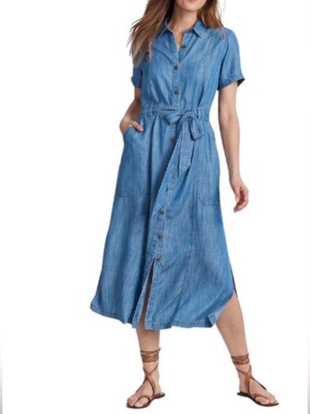 Lands’ End Button-Front Blue Chambray Short Sleeve Dress Size XL